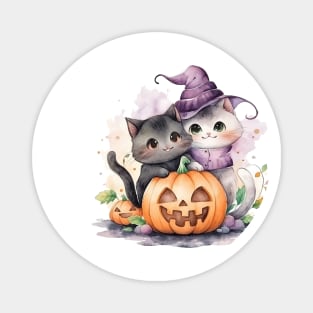 Cute Witch Cat and Pumpkin Halloween Magnet